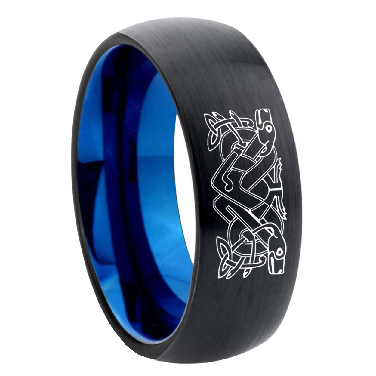 8mm Celtic Dog Two-Tone Classic Dome Black Blue Tungsten Engraved Ring