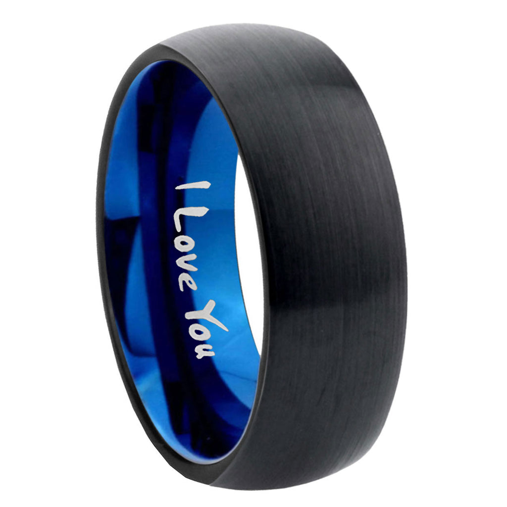 8mm I Love You Two-Tone Classic Dome Black Blue Tungsten Engraved Ring