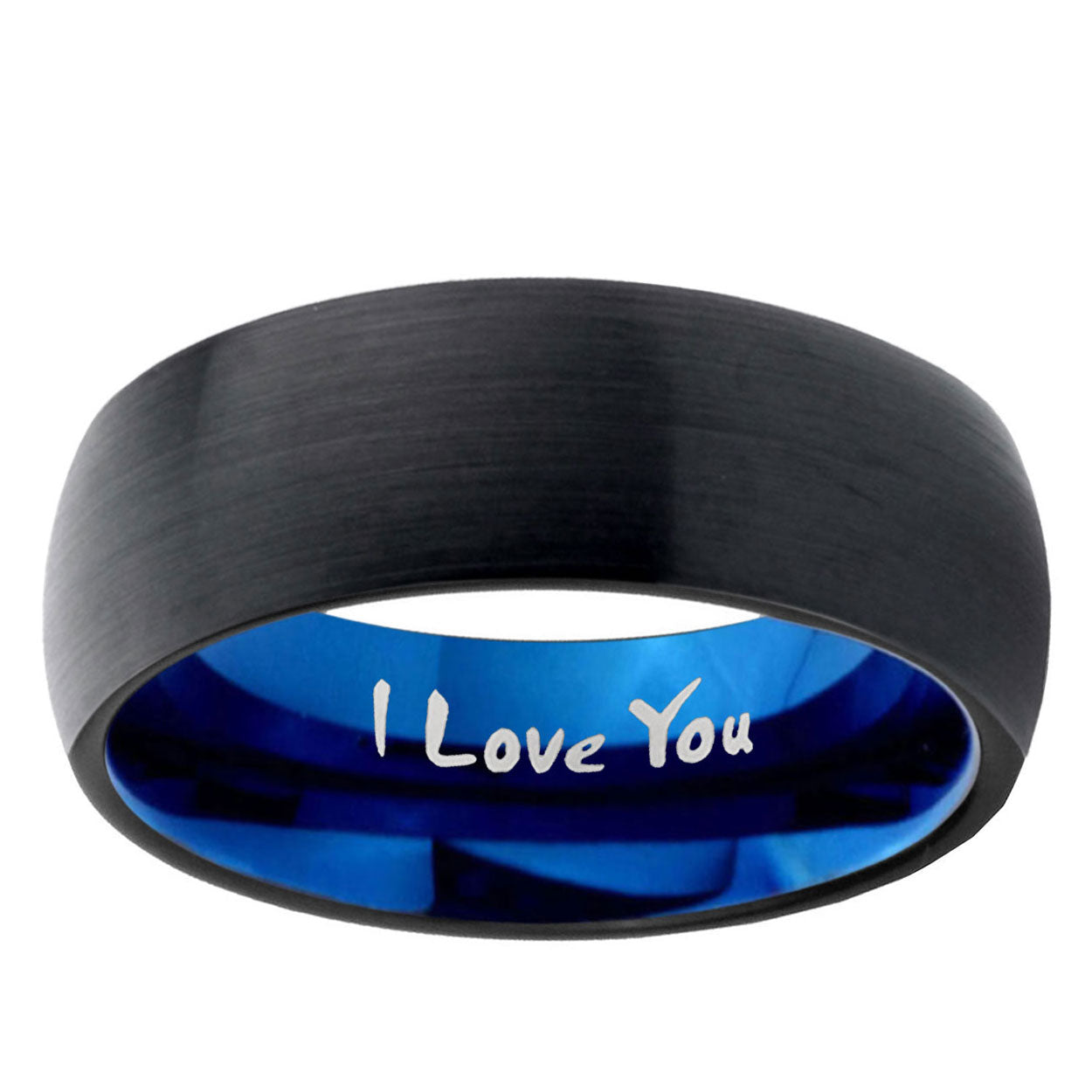 5mm I Love You Two-Tone Classic Dome Black Blue Tungsten Engraved Ring