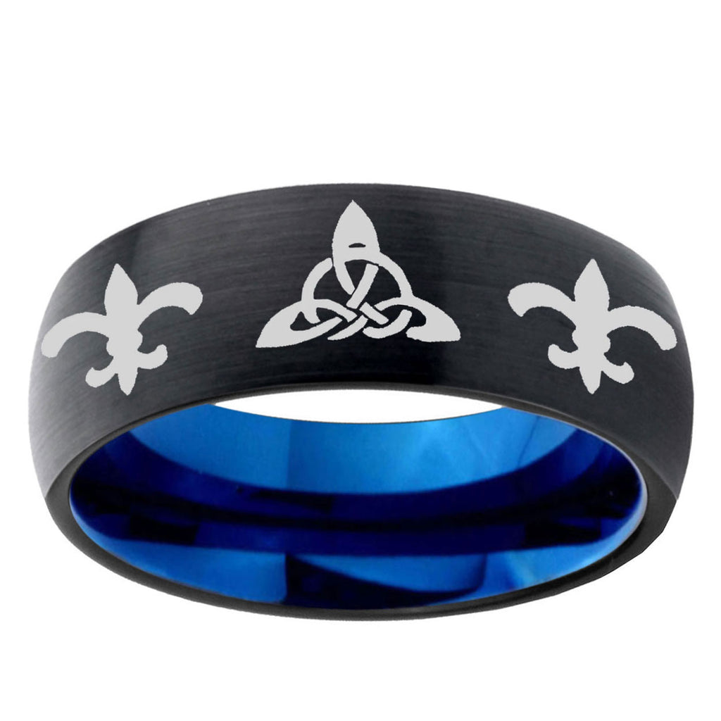 5mm Celtic Triangle Fleur Delis Two-Tone Classic Dome Black Blue Tungsten Engraved Ring
