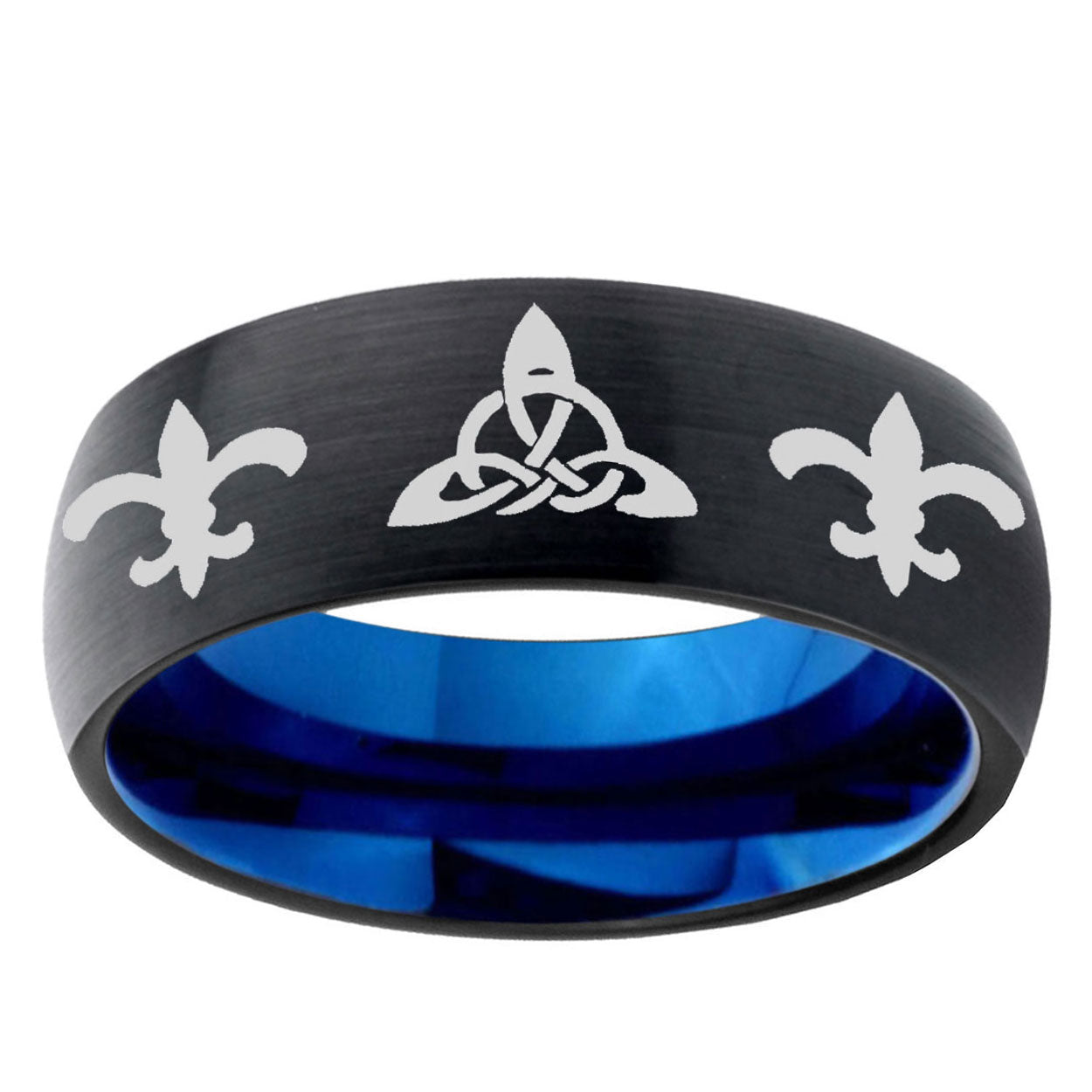 5mm Celtic Triangle Fleur Delis Two-Tone Classic Dome Black Blue Tungsten Engraved Ring