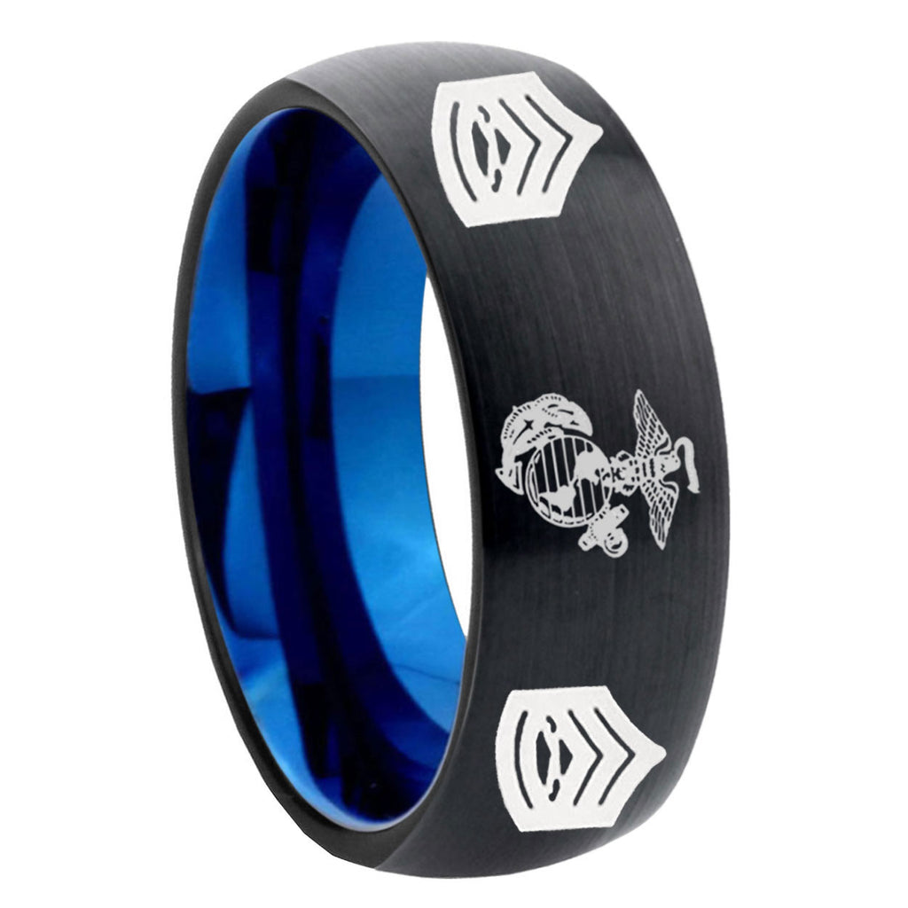 8mm Marine Army Sergeant Two-Tone Classic Dome Black Blue Tungsten Engraved Ring