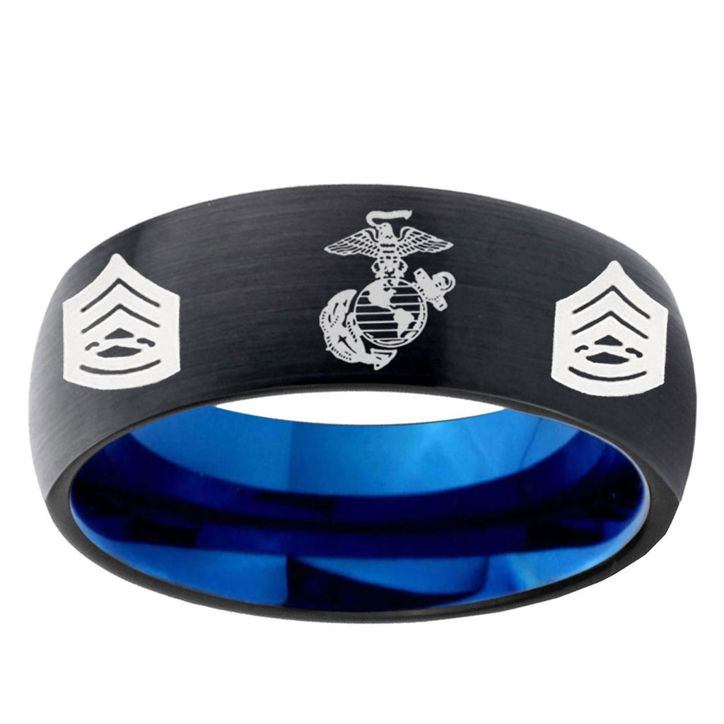 5mm Marine Army Sergeant Two-Tone Classic Dome Black Blue Tungsten Engraved Ring