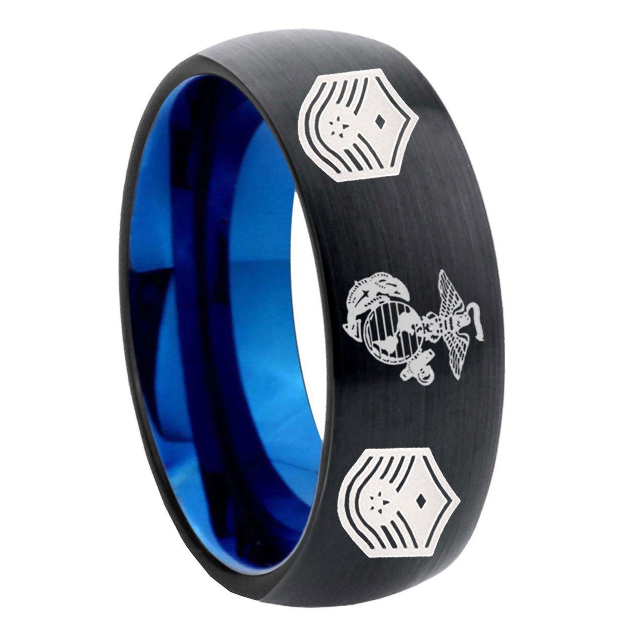 8mm Marine Chief Master Sergeant Two-Tone Classic Dome Black Blue Tungsten Engraved Ring