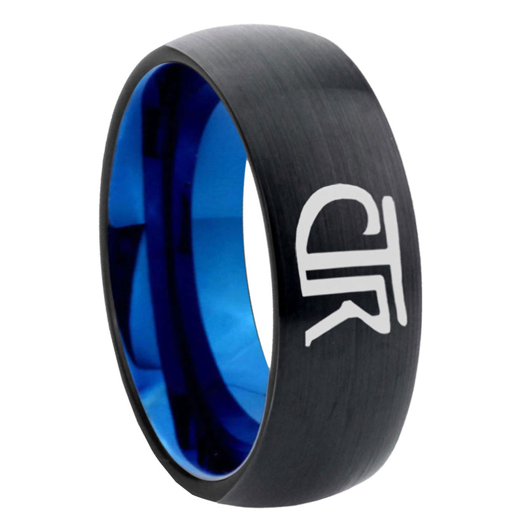 8mm CTR Two-Tone Classic Dome Black Blue Tungsten Engraved Ring
