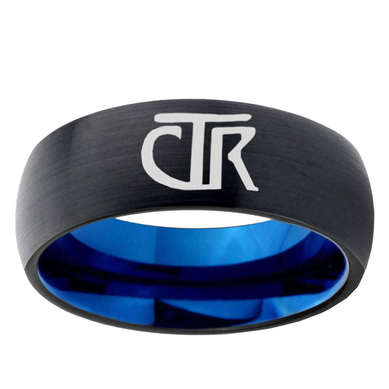 5mm CTR Two-Tone Classic Dome Black Blue Tungsten Engraved Ring