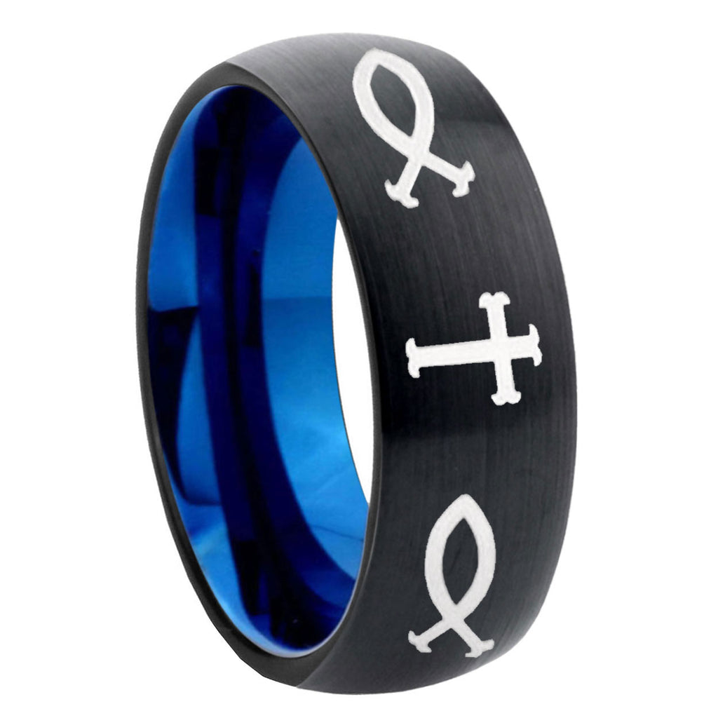 8mm God Is Love Two-Tone Classic Dome Black Blue Tungsten Engraved Ring