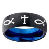 5mm Fish & Cross Dome Black And Blue Tungsten Carbide Mens Wedding Band