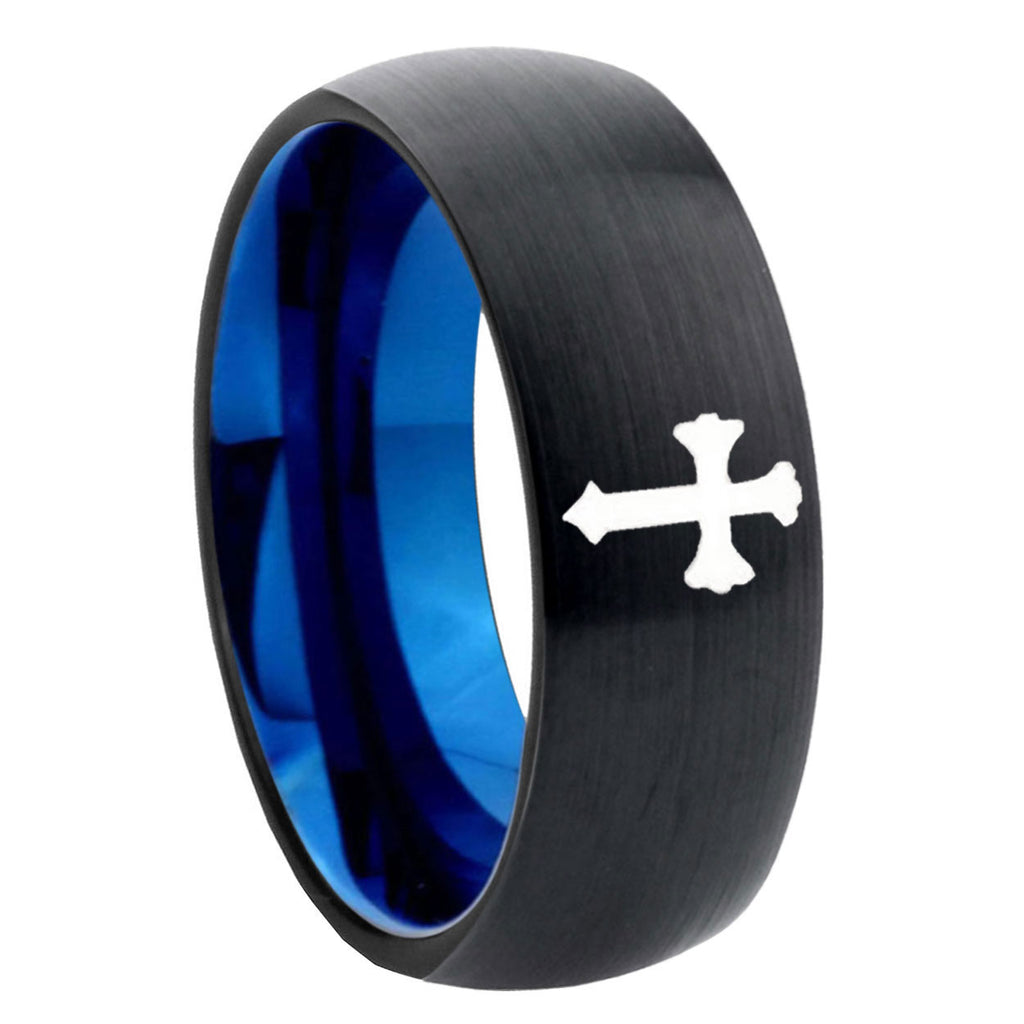 8mm Flat Christian Cross Two-Tone Classic Dome Black Blue Tungsten Engraved Ring
