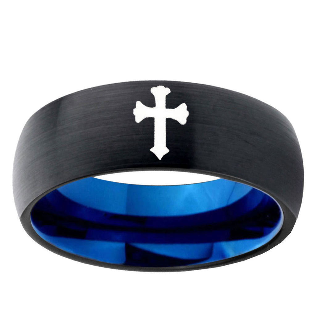 10mm Flat Christian Cross Dome Tungsten Carbide Blue Engagement Ring