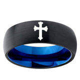 5, 8mm Flat Christian Cross Dome Tungsten Carbide Blue Wedding Band Mens