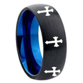 8mm Multi Christian Cross Two-Tone Classic Dome Black Blue Tungsten Engraved Ring