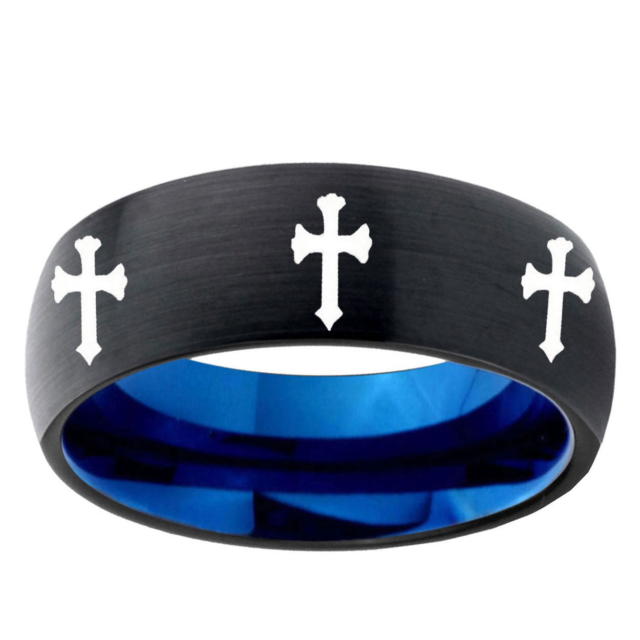 5mm Multi Christian Cross Two-Tone Classic Dome Black Blue Tungsten Engraved Ring