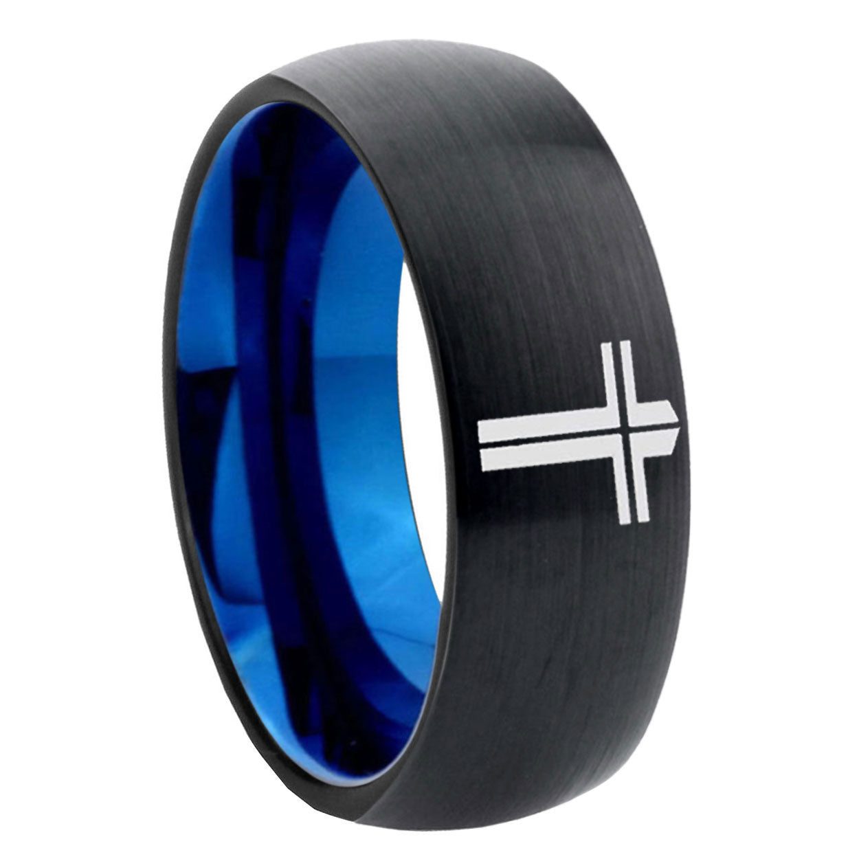 8mm Flat Cross Two-Tone Classic Dome Black Blue Tungsten Engraved Ring