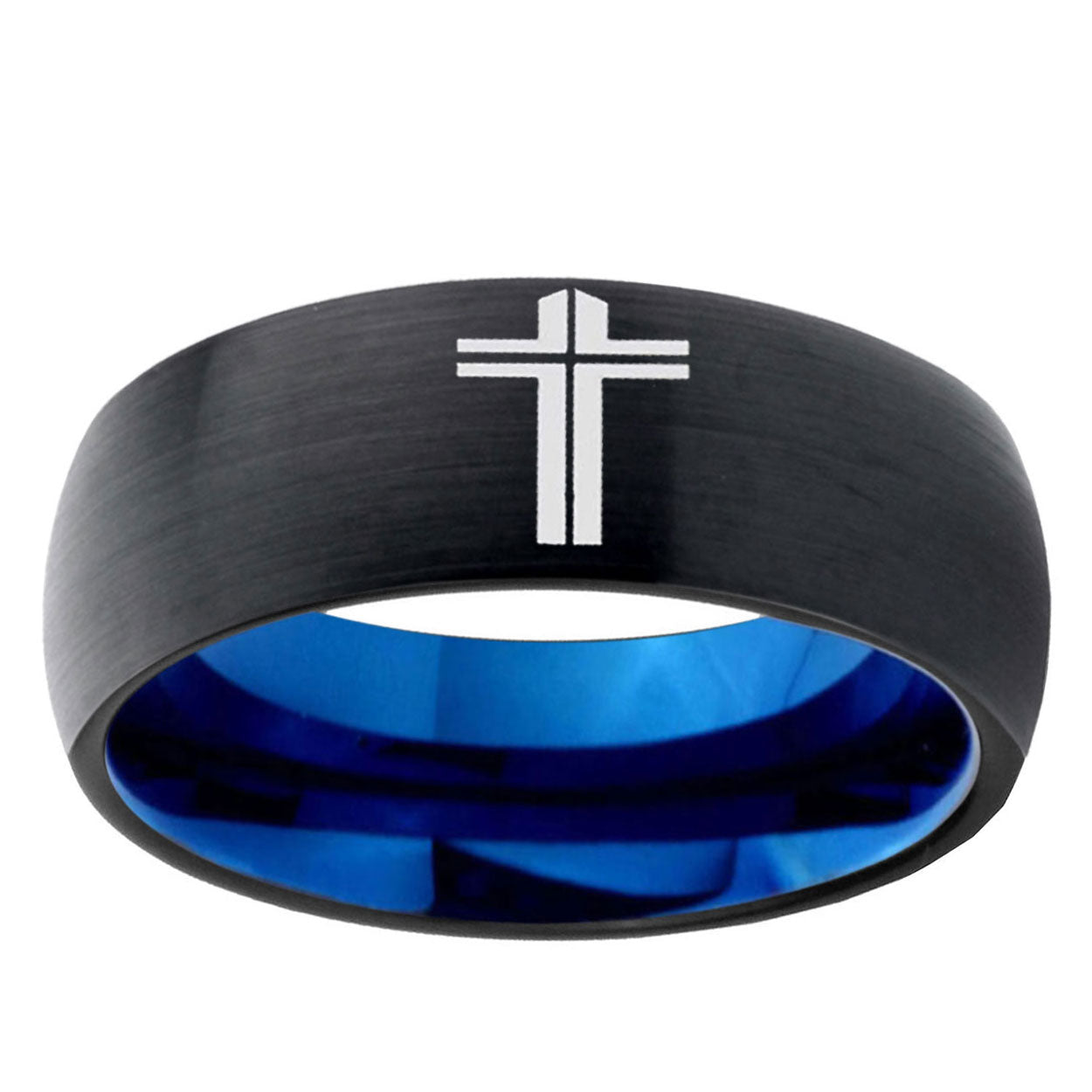 5mm Flat Cross Two-Tone Classic Dome Black Blue Tungsten Engraved Ring
