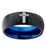 5mm Flat Christian Cross Dome Black And Blue Tungsten Carbide Bands Ring