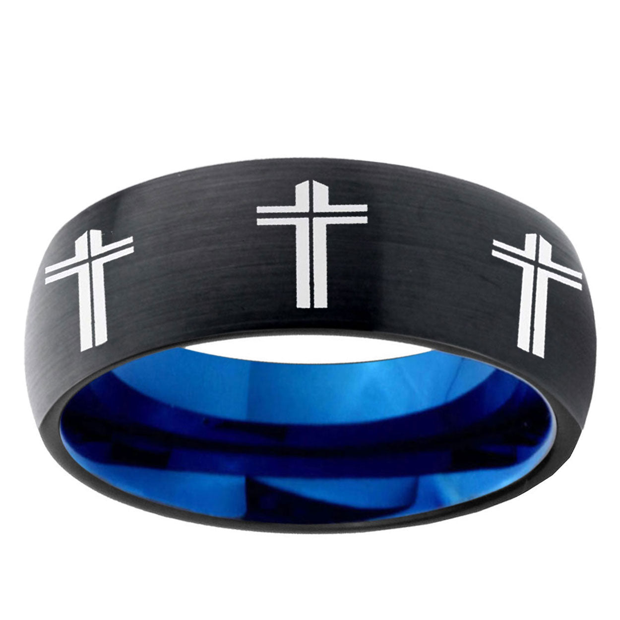 5mm Multi Christian Cross Two-Tone Classic Dome Black Blue Tungsten Engraved Ring
