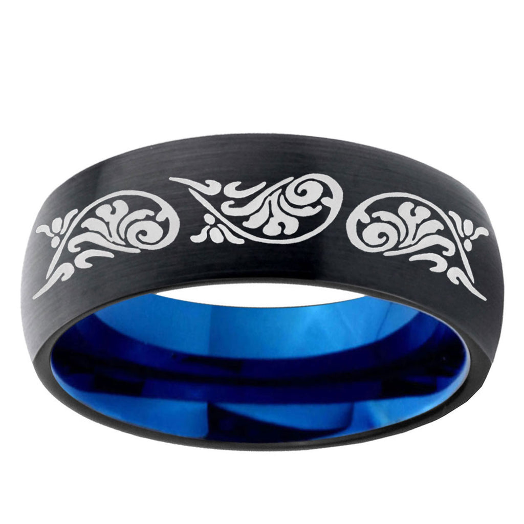 5mm Etched Tribal Two-Tone Classic Dome Black Blue Tungsten Engraved Ring