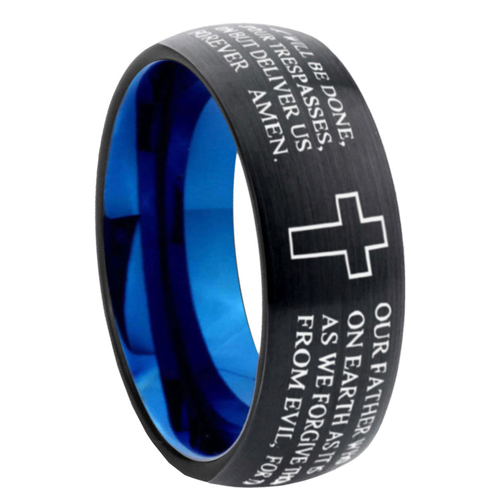 10mm Etched Lord's Prayer Cross Dome Tungsten Carbide Blue Engagement Ring