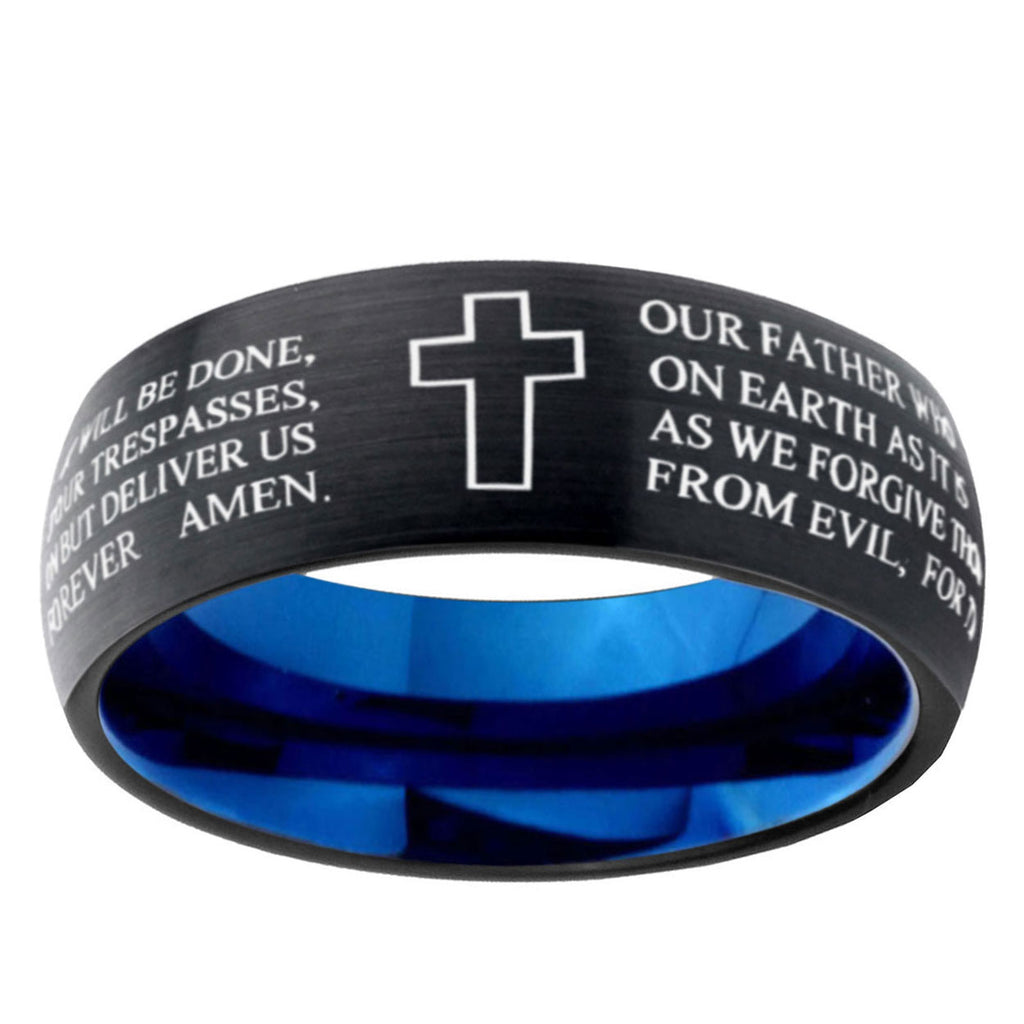 10mm Etched Lord's Prayer Cross Dome Tungsten Carbide Blue Engagement Ring
