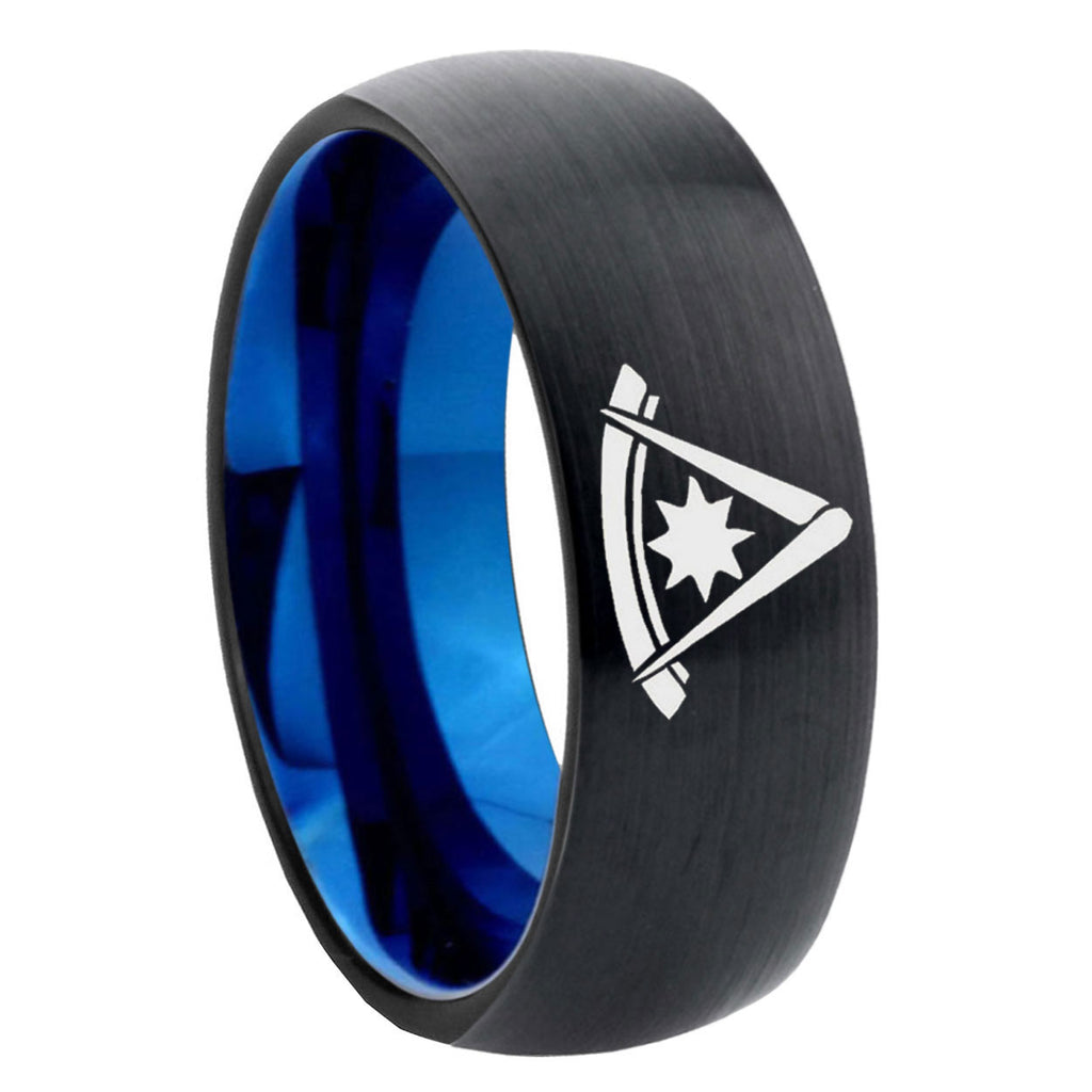 8mm Peaster Master Masonic Two-Tone Classic Dome Black Blue Tungsten Engraved Ring