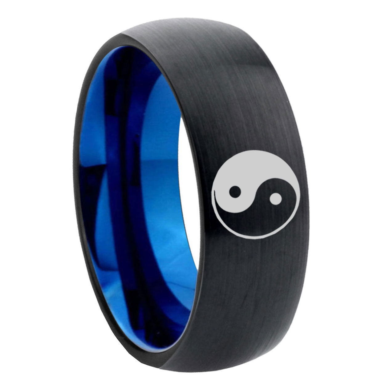 8mm Yin Yang Two-Tone Classic Dome Black Blue Tungsten Engraved Ring