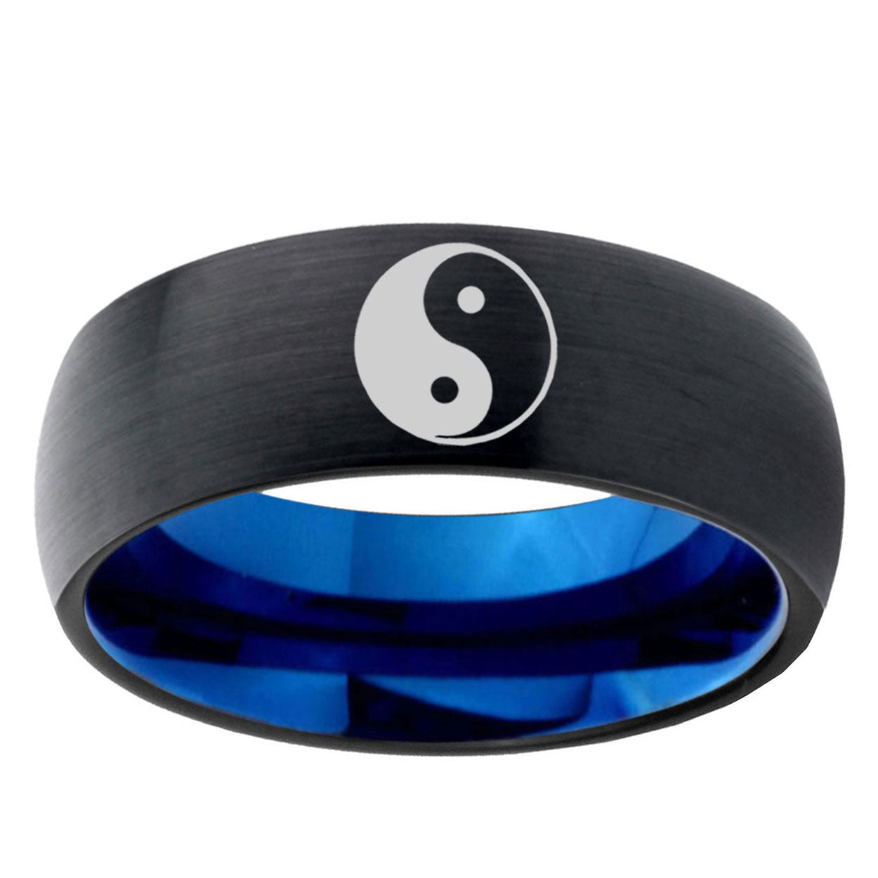5mm Yin Yang Two-Tone Classic Dome Black Blue Tungsten Engraved Ring