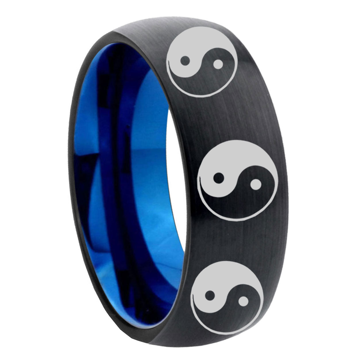 8mm Multiple Yin Yang Two-Tone Classic Dome Black Blue Tungsten Engraved Ring