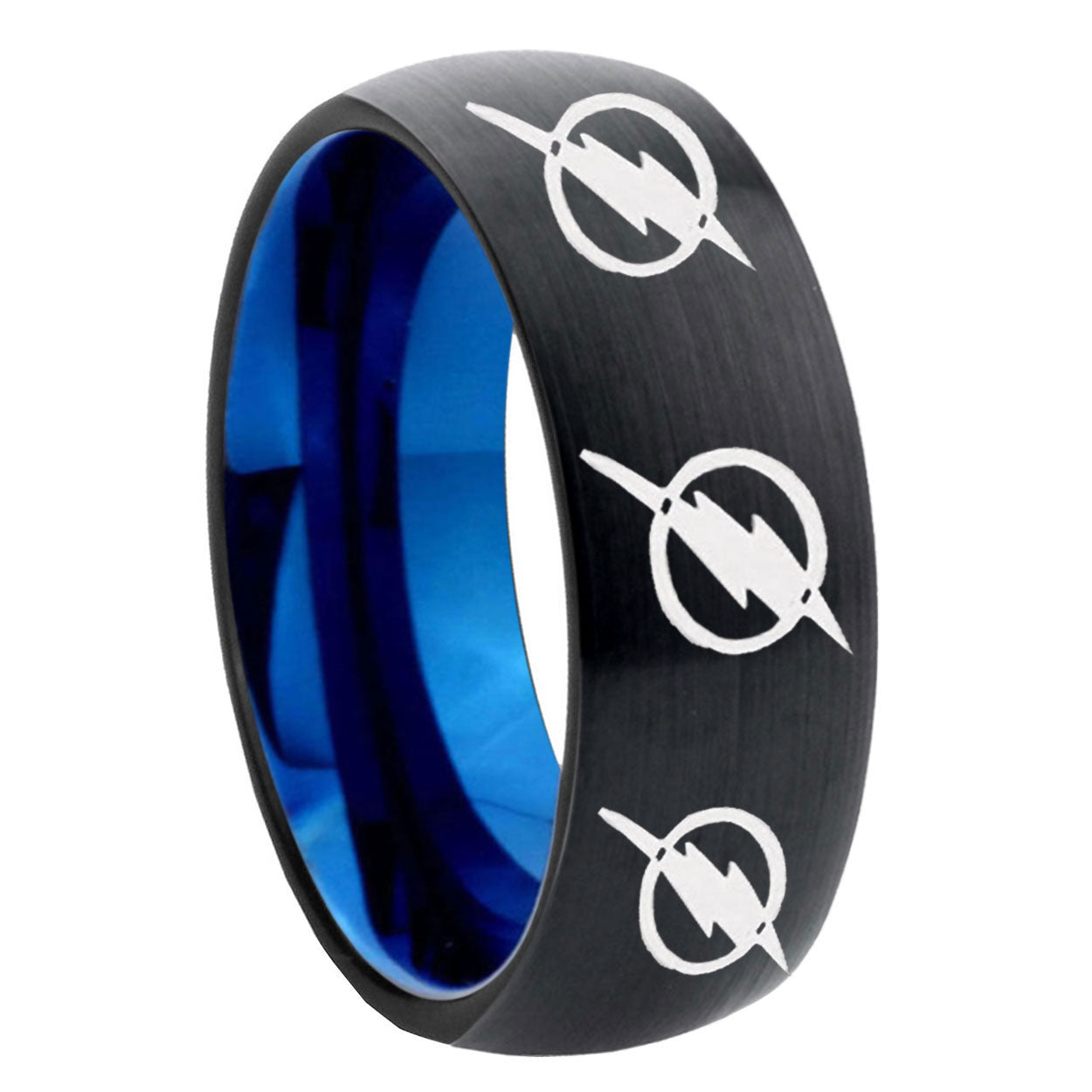 8mm Multiple Flash Two-Tone Classic Dome Black Blue Tungsten Engraved Ring
