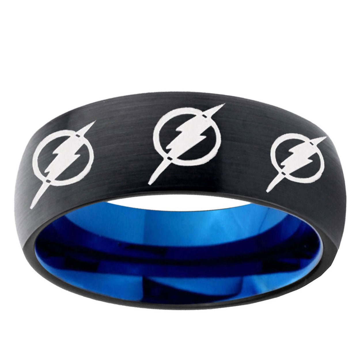5mm Multiple Flash Two-Tone Classic Dome Black Blue Tungsten Engraved Ring