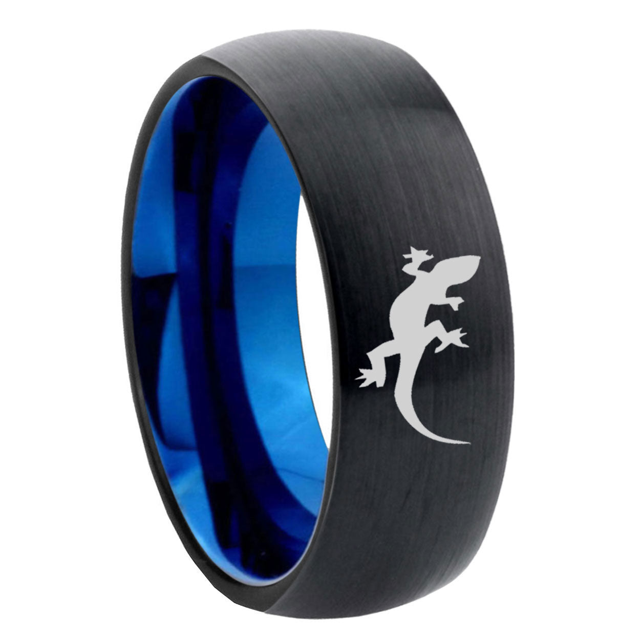 8mm Lizard Two-Tone Classic Dome Black Blue Tungsten Engraved Ring