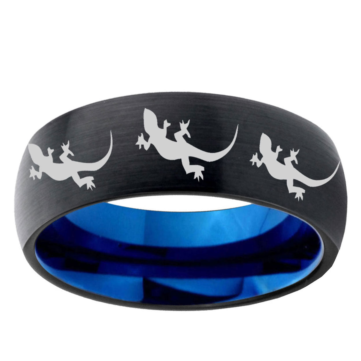 5mm Multiple Lizard Two-Tone Classic Dome Black Blue Tungsten Engraved Ring