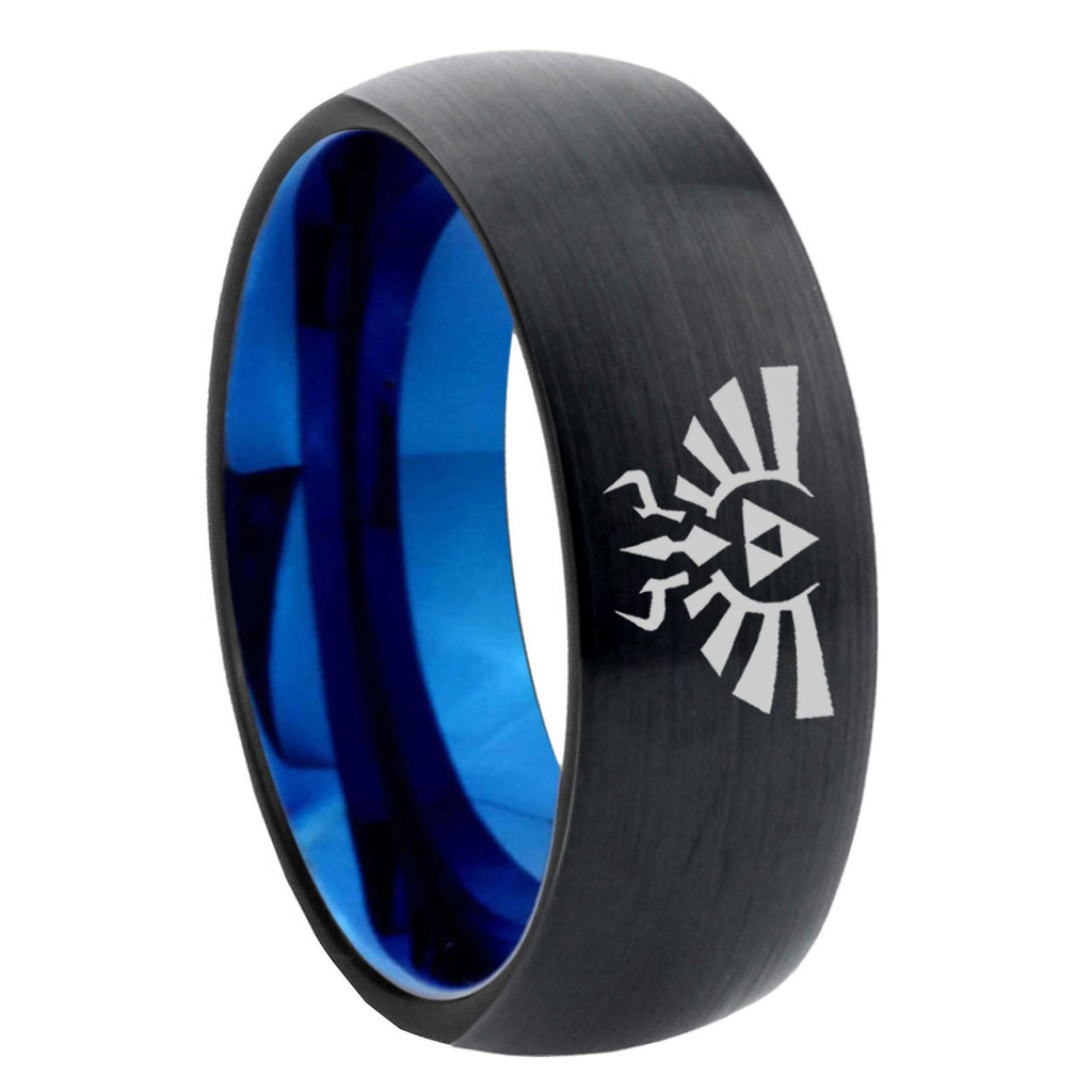 8mm Zelda Skyward Sword Two-Tone Classic Dome Black Blue Tungsten Engraved Ring