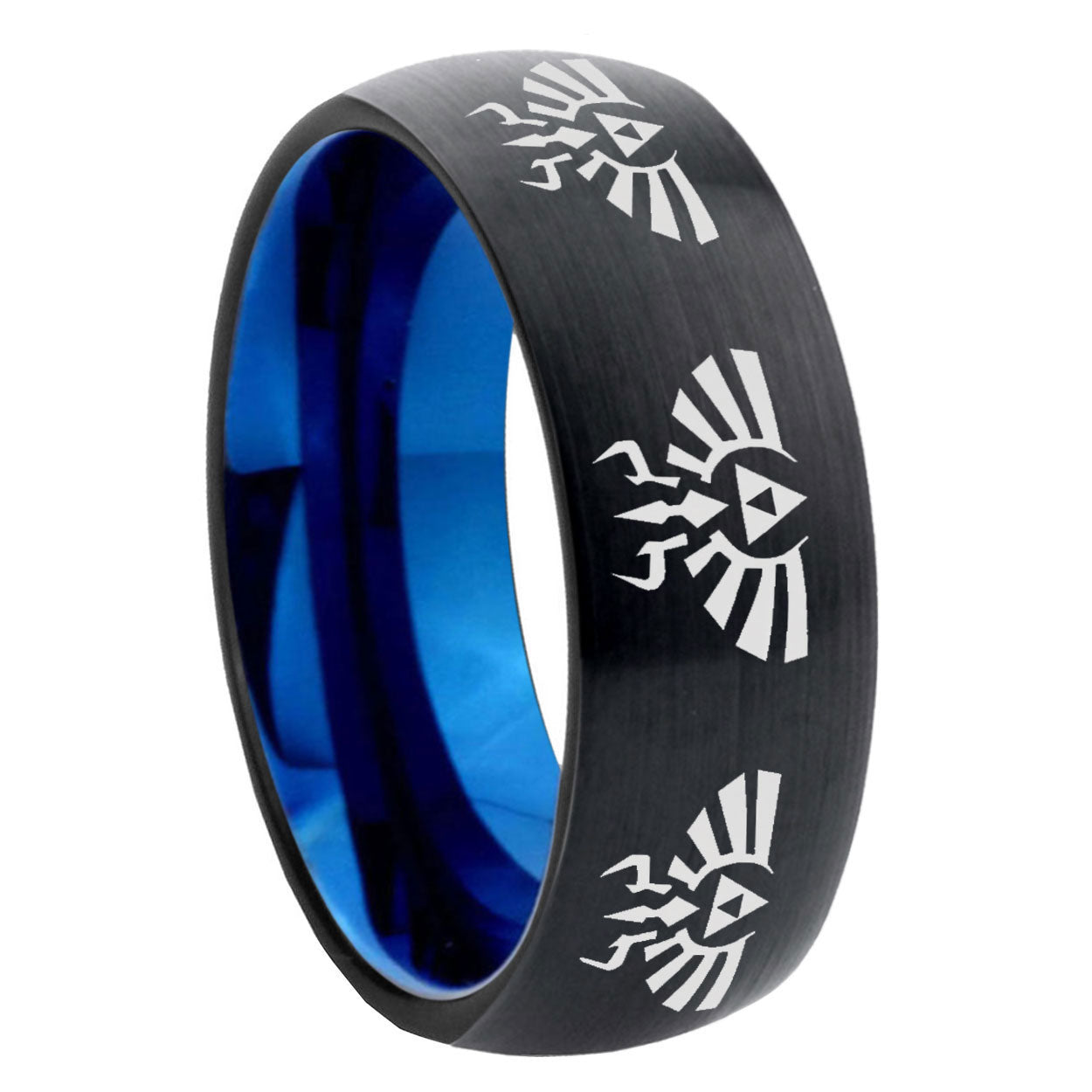 8mm Multi Zelda Skyward Two-Tone Classic Dome Black Blue Tungsten Engraved Ring