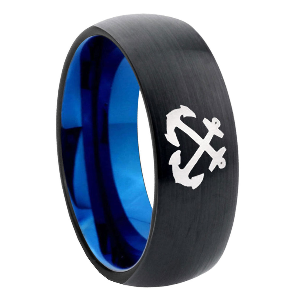 8mm Anchor Two-Tone Classic Dome Black Blue Tungsten Engraved Ring