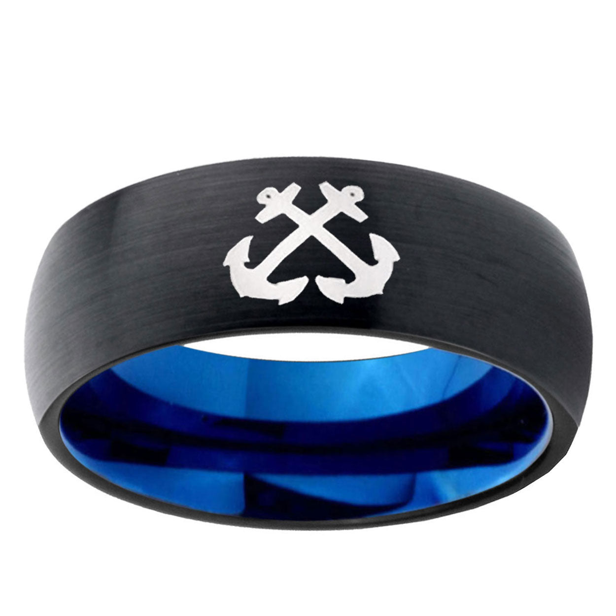 5mm Anchor Two-Tone Classic Dome Black Blue Tungsten Engraved Ring