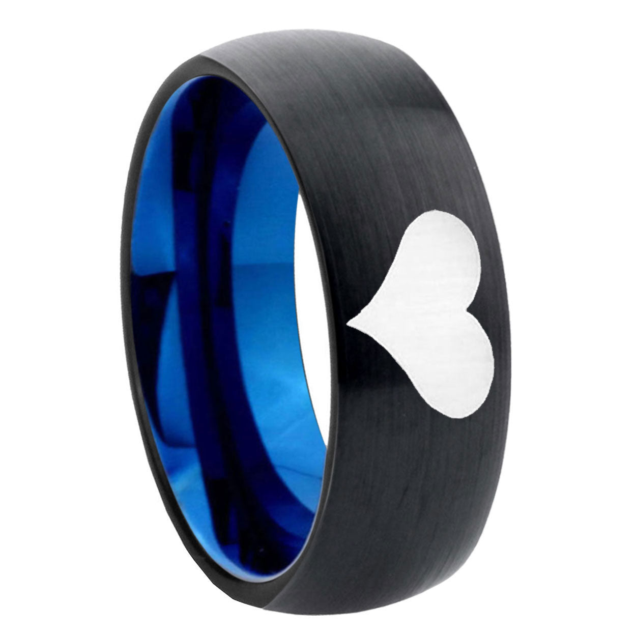8mm Heart Two-Tone Classic Dome Black Blue Tungsten Engraved Ring