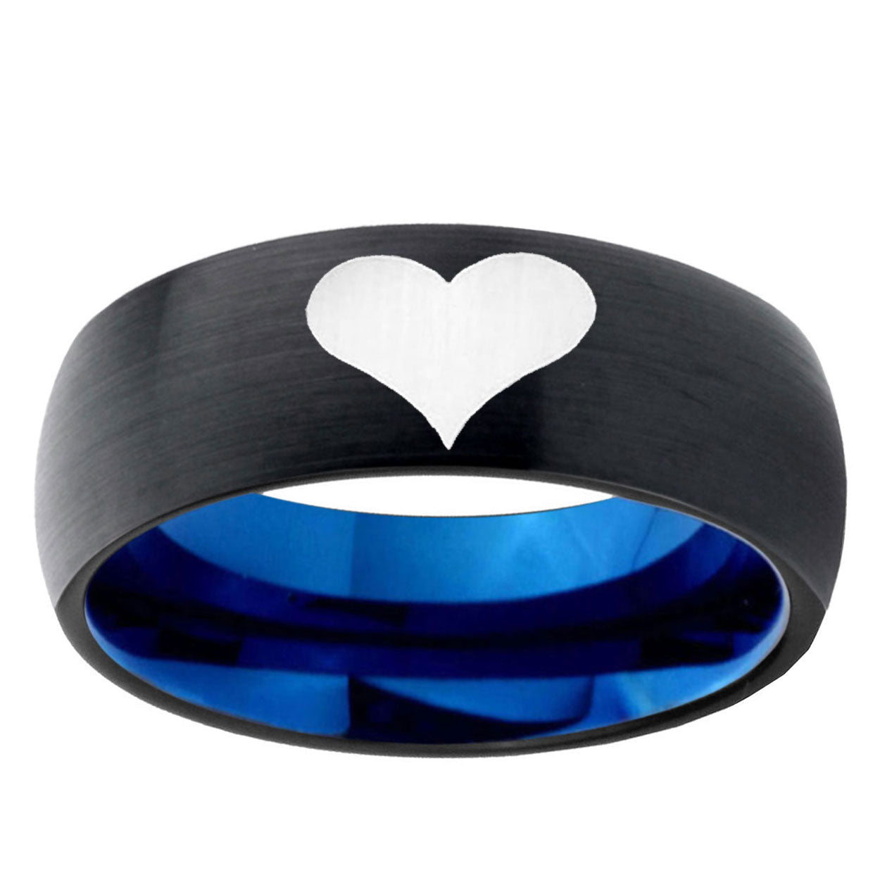 5mm Heart Two-Tone Classic Dome Black Blue Tungsten Engraved Ring