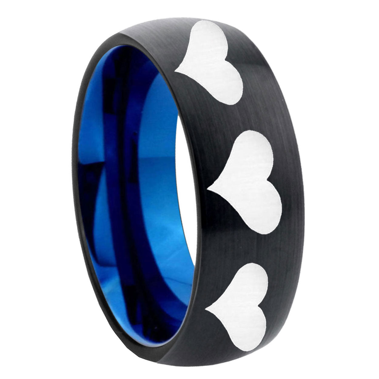 8mm Multiple Heart Two-Tone Classic Dome Black Blue Tungsten Engraved Ring