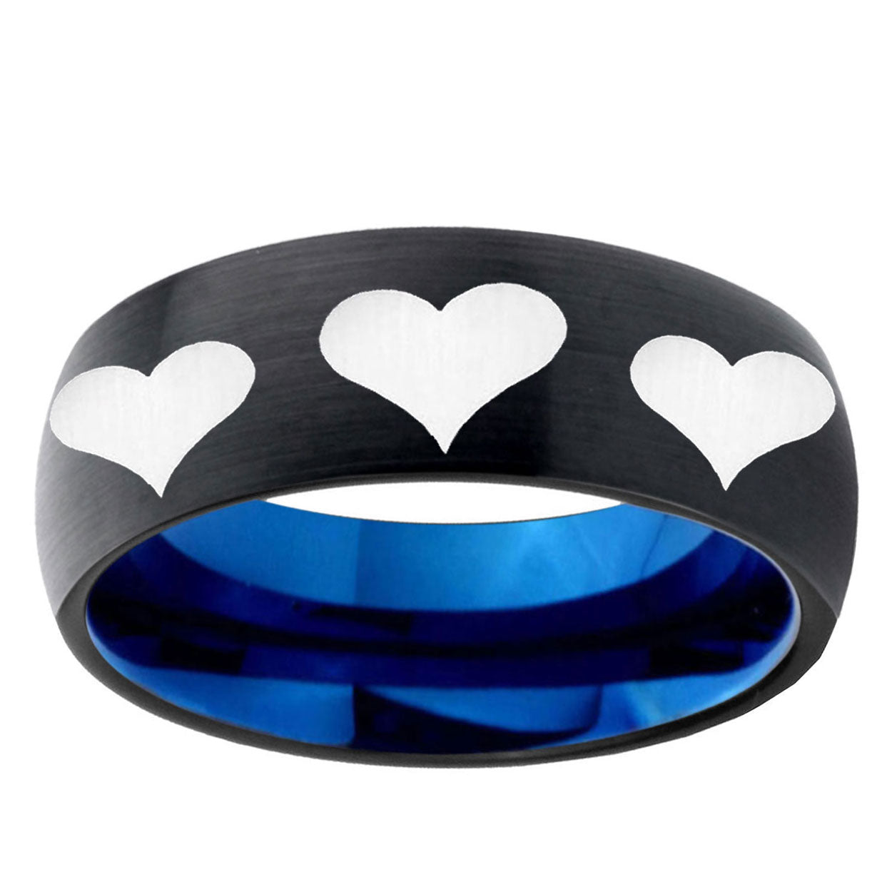 5mm Multiple Heart Two-Tone Classic Dome Black Blue Tungsten Engraved Ring