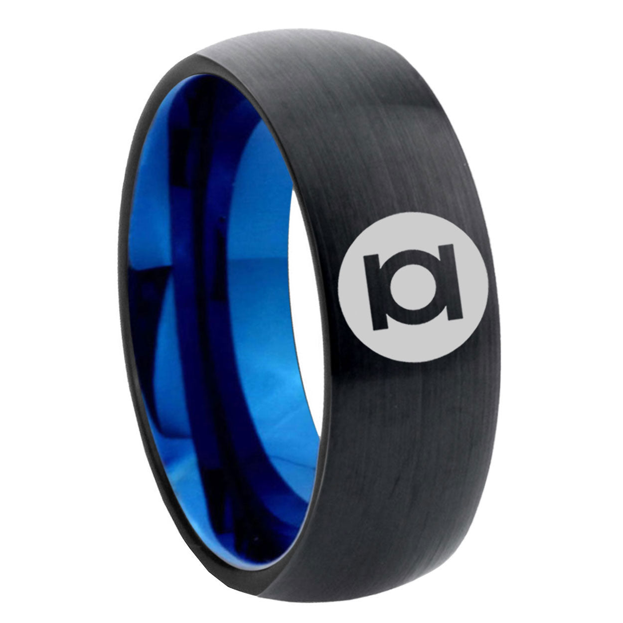 8mm Green Lantern Two-Tone Classic Dome Black Blue Tungsten Engraved Ring