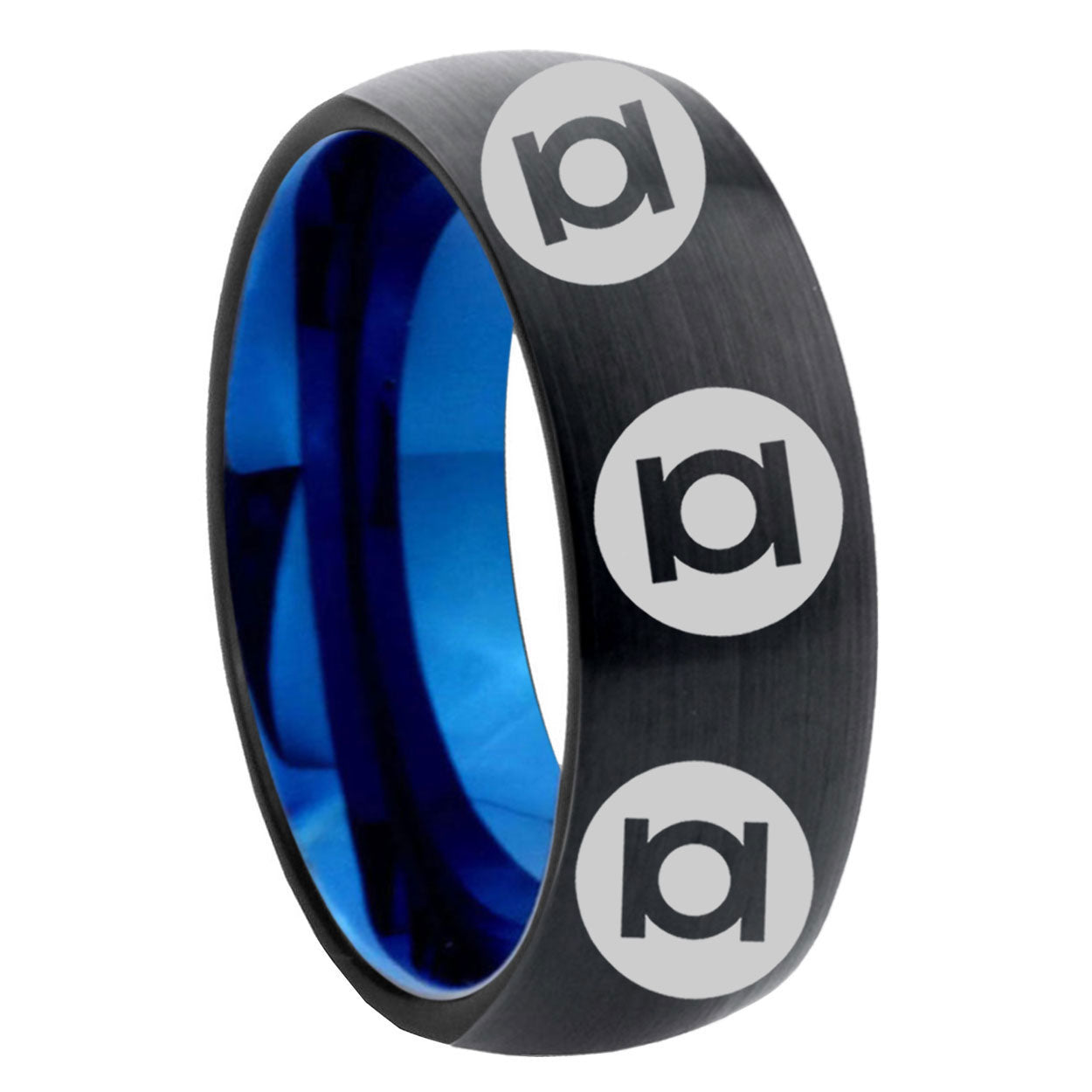 8mm Multi Green Lantern Two-Tone Classic Dome Black Blue Tungsten Engraved Ring