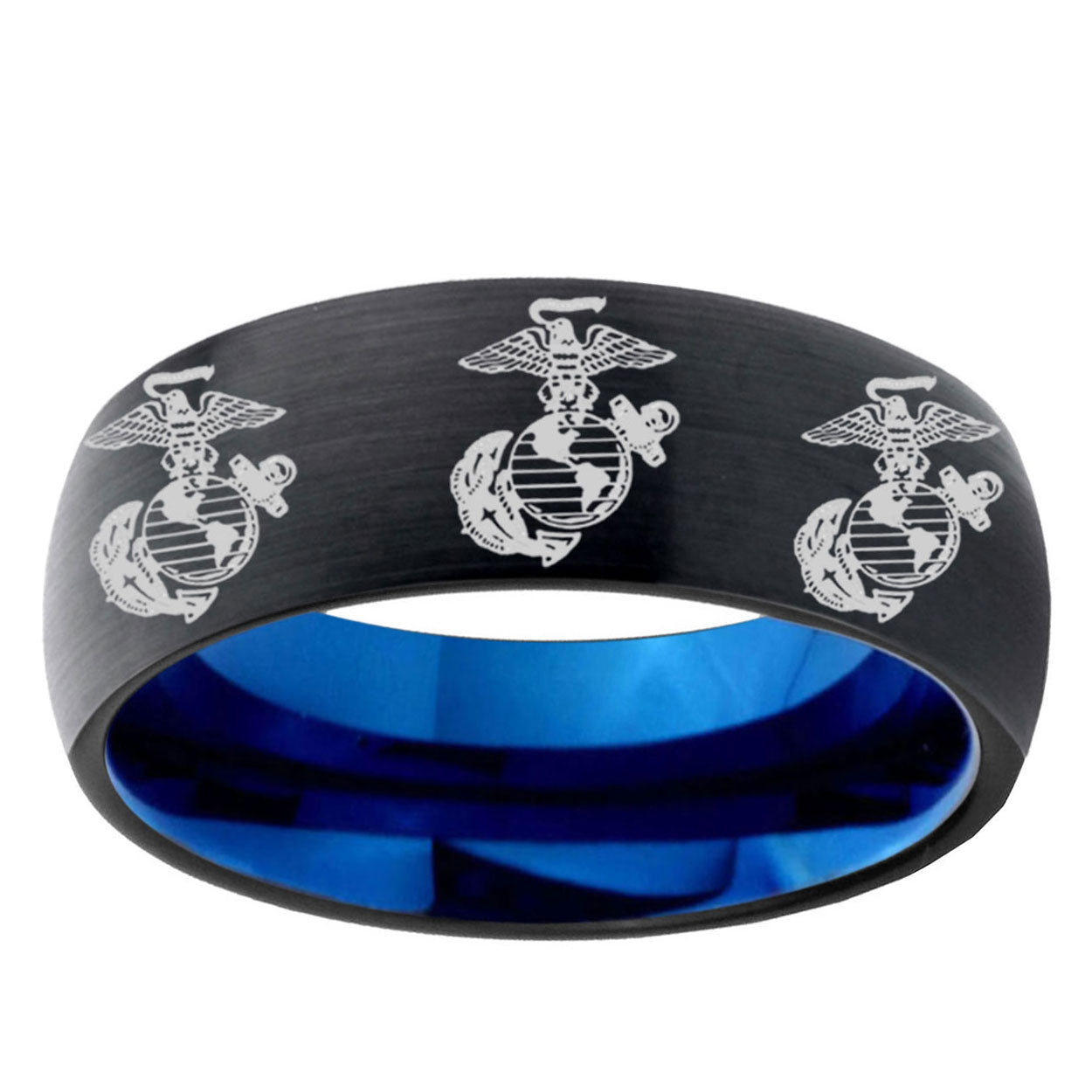 5mm Multi Marine Corps Two-Tone Classic Dome Black Blue Tungsten Engraved Ring