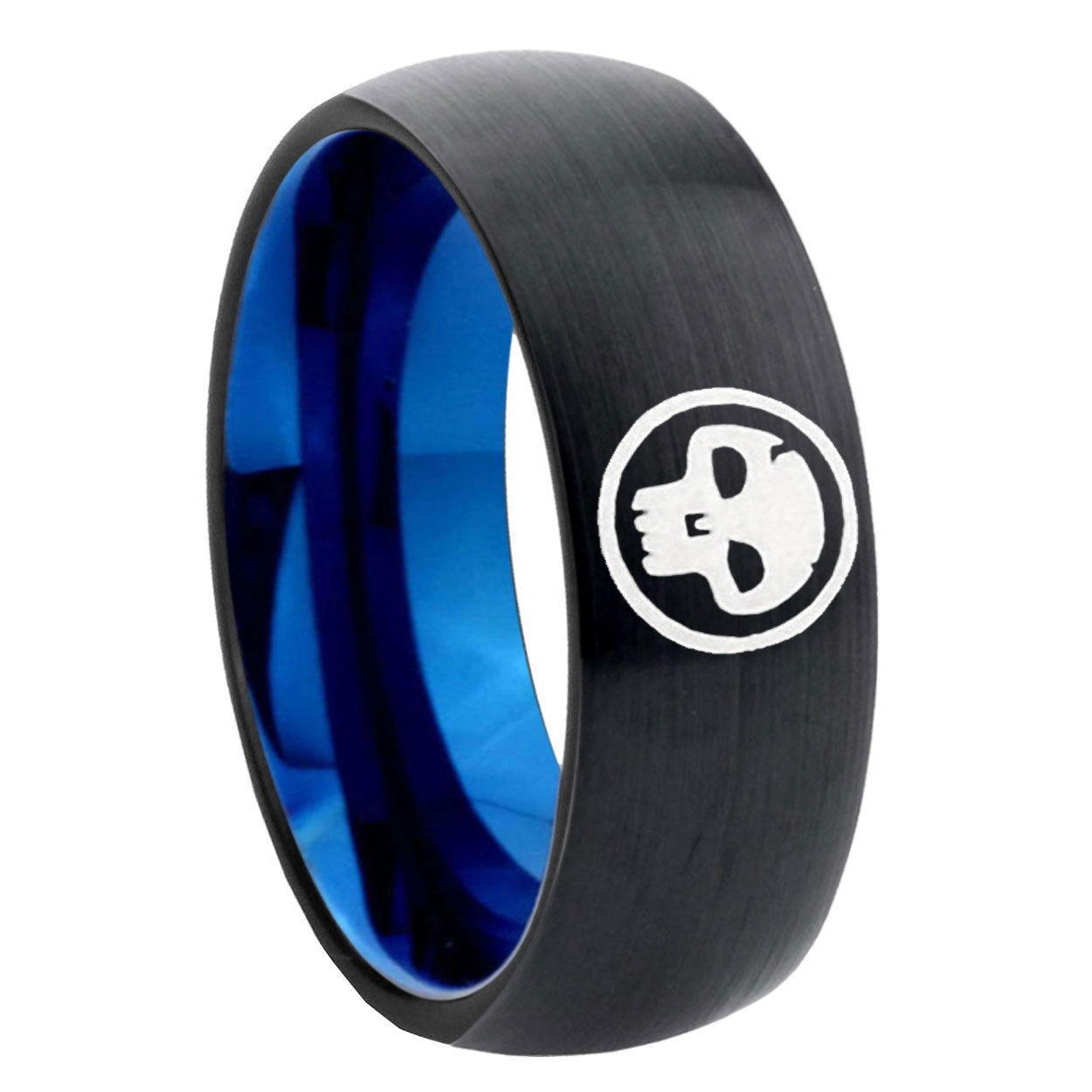 8mm Skull Symbol Two-Tone Classic Dome Black Blue Tungsten Engraved Ring