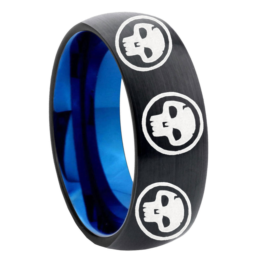 8mm Multi Skull Symbol Two-Tone Classic Dome Black Blue Tungsten Engraved Ring