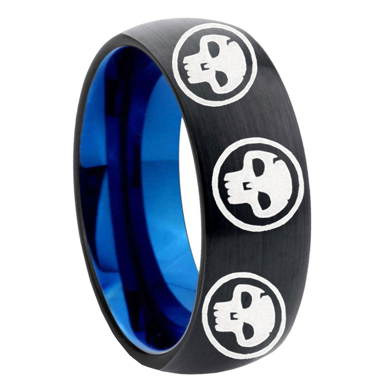 8mm Multi Skull Symbol Two-Tone Classic Dome Black Blue Tungsten Engraved Ring