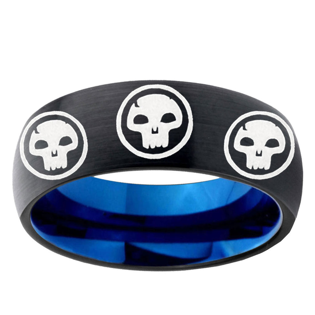 5mm Multi Skull Symbol Two-Tone Classic Dome Black Blue Tungsten Engraved Ring