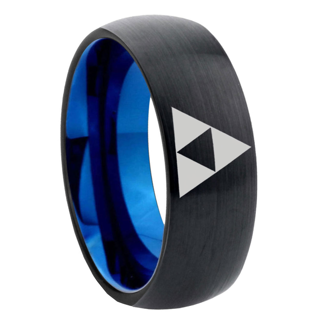 8mm Zelda Triforce Two-Tone Classic Dome Black Blue Tungsten Engraved Ring