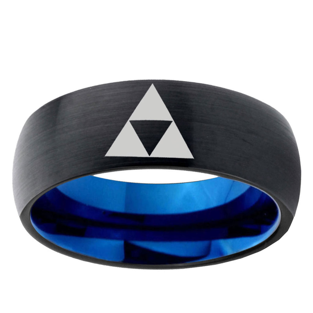 5mm Zelda Triforce Two-Tone Classic Dome Black Blue Tungsten Engraved Ring