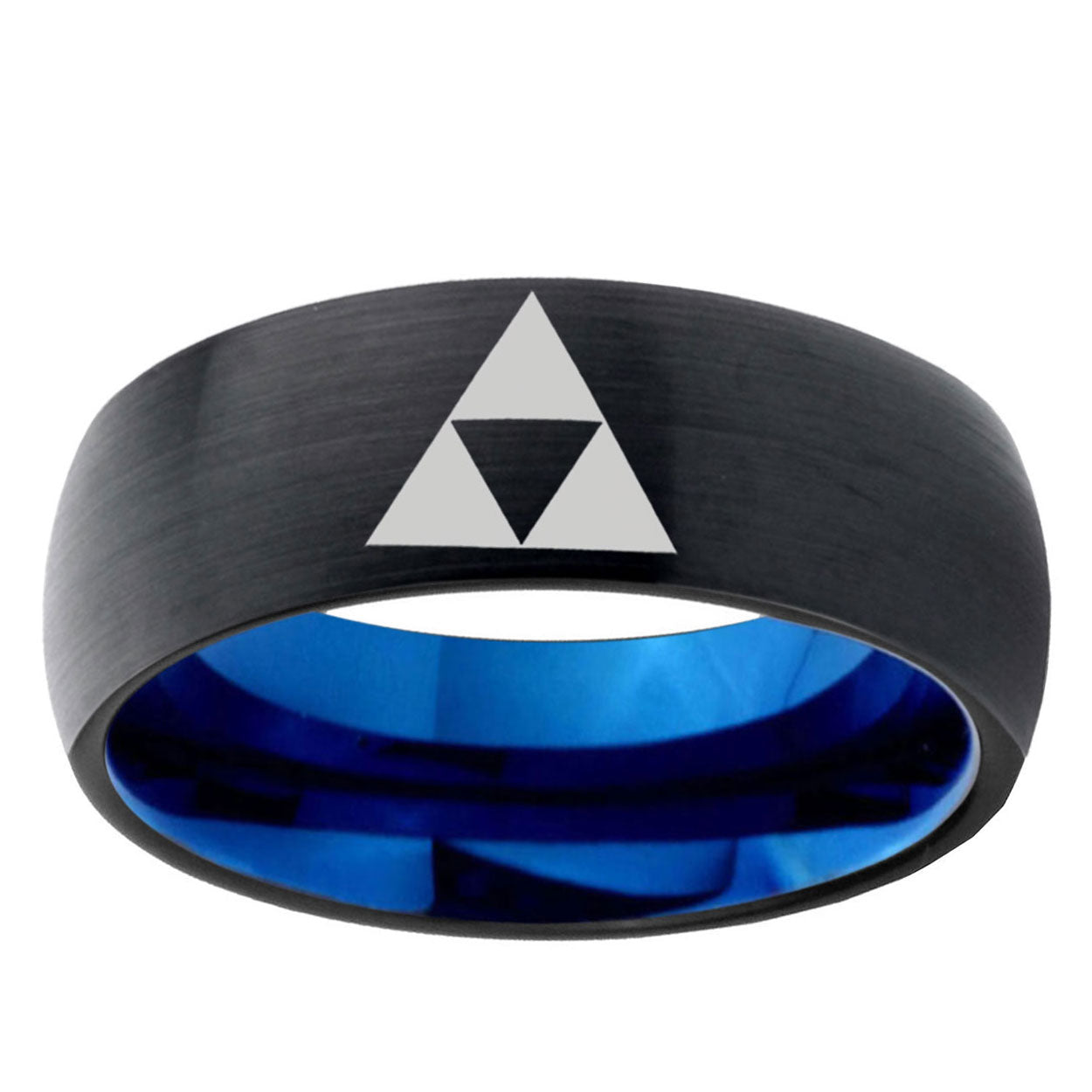 5mm Zelda Triforce Two-Tone Classic Dome Black Blue Tungsten Engraved Ring